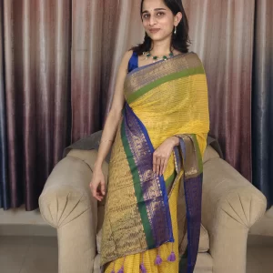 Yellow Mul Cotton Saree with Green & Blue Border in a front portrait