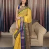 Yellow Mul Cotton Saree with Green & Blue Border (2) Yellow Mul Cotton Saree with Green & Blue Border in a full-length front view