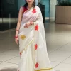 Chembarathi Hand-Painted Saree – Full-Length View Full-length view of Chembarathi white saree with red floral painting and traditional gold border