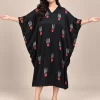 Black Printed Modal Kaftan Dress – Batwing View Black printed modal kaftan dress with wide batwing sleeves