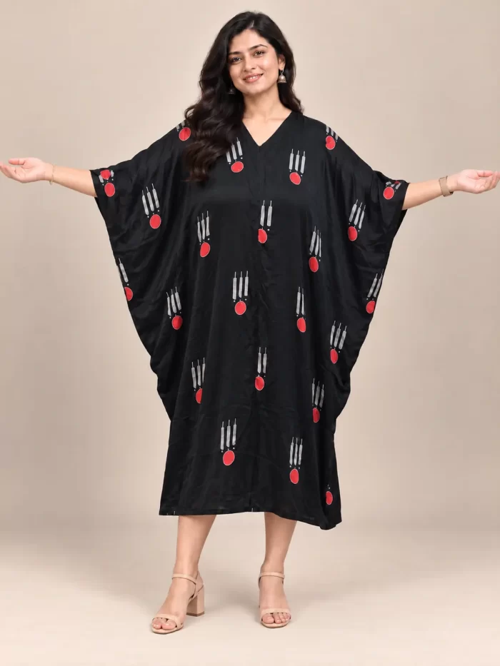 Black Printed Modal Kaftan Dress – Batwing View Black printed modal kaftan dress with wide batwing sleeves