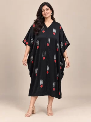 Black Printed Modal Kaftan Dress – Front View Black printed modal kaftan dress front view