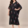 Black Printed Modal Kaftan Dress – Three-Quarter View Black printed modal kaftan dress three-quarter view