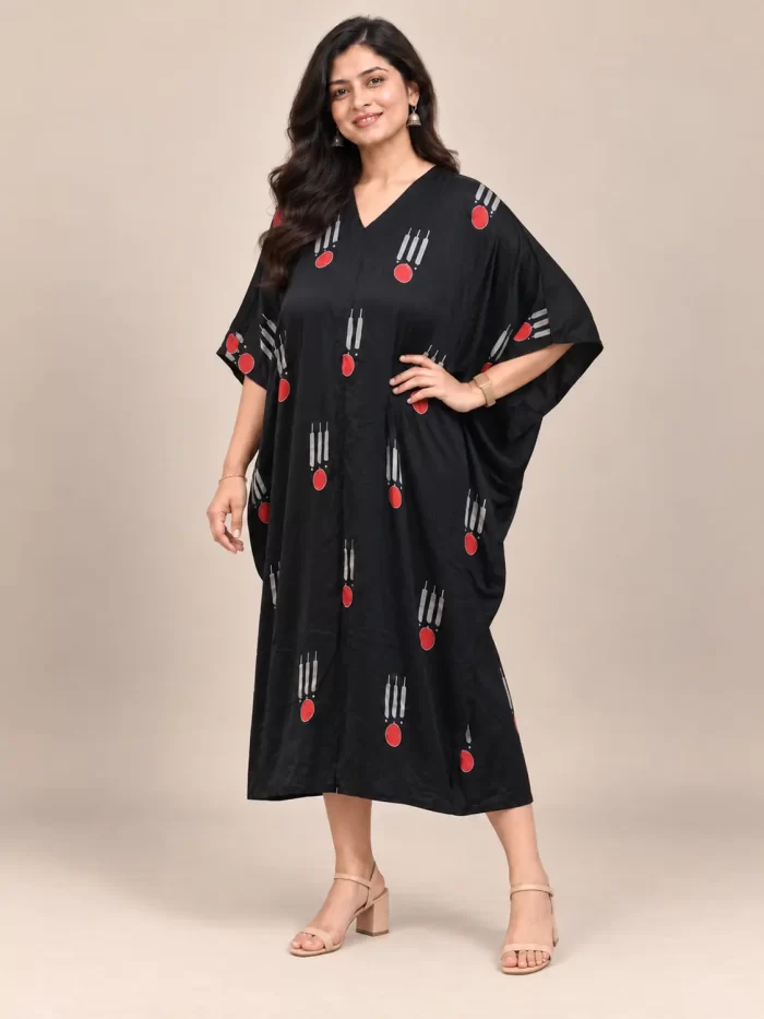 Black Printed Modal Kaftan Dress – Three-Quarter View Black printed modal kaftan dress three-quarter view