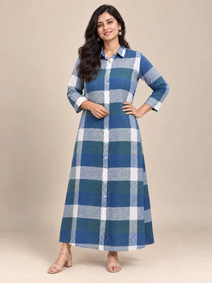 blue-green-checked-shirt-dress-pose-1.webp Blue and Green Checked Shirt Dress