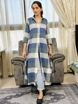 Blue and green checked shirt dress, buttoned front view