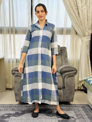 Blue and green checked shirt dress, buttoned full-length front view