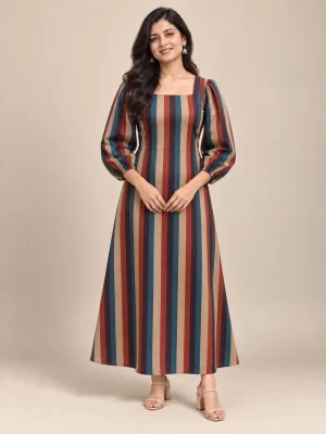 multicolour-striped-puff-sleeve-maxi-dress-main-1.webp Multicolour striped maxi dress with puff sleeves and fitted waist