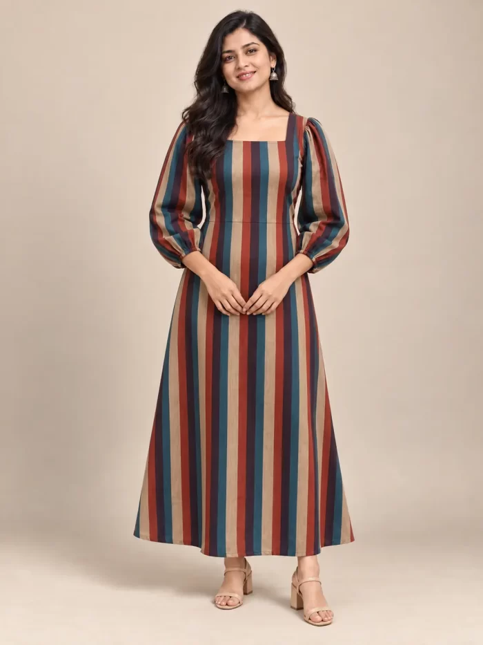 multicolour-striped-puff-sleeve-maxi-dress-main-1.webp Multicolour striped maxi dress with puff sleeves and fitted waist