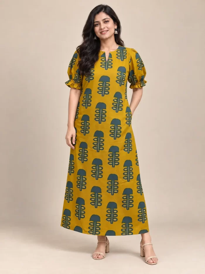 mustard-teal-printed-maxi-dress-main-1.webp Mustard and teal printed maxi dress with puff sleeves