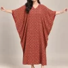 Rust Block Print Modal Kaftan Dress – Batwing View Rust block print modal kaftan dress with wide batwing sleeves