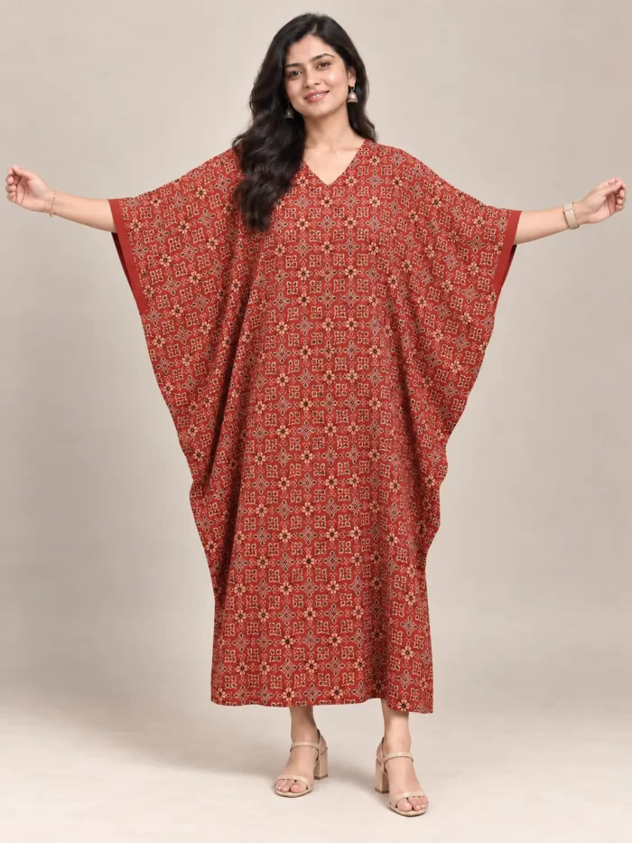 Rust Block Print Modal Kaftan Dress – Batwing View Rust block print modal kaftan dress with wide batwing sleeves