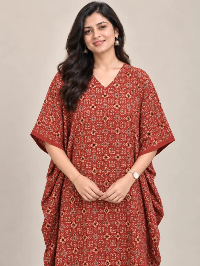 Rust Block Print Modal Kaftan Dress – Print Detail Rust modal kaftan dress V-neck and block print detail