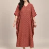 Rust Block Print Modal Kaftan Dress – Front View Rust block print modal kaftan dress front view