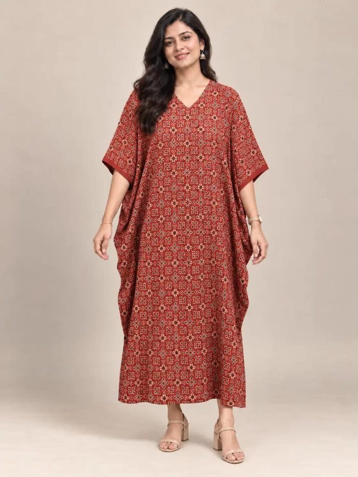 Rust Block Print Modal Kaftan Dress – Front View Rust block print modal kaftan dress front view