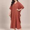 Rust Block Print Modal Kaftan Dress – Three-Quarter View Rust block print modal kaftan dress three-quarter view