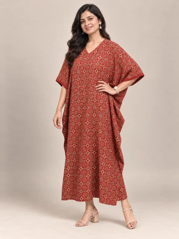 Rust Block Print Modal Kaftan Dress – Three-Quarter View Rust block print modal kaftan dress three-quarter view