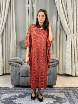 Rust Block Print Modal Kaftan Dress – full-length front view